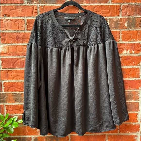 Lane Bryant 26 Black Lace Shoulder Bow Tie Long Sleeve Blouse Career Office - Picture 10 of 10